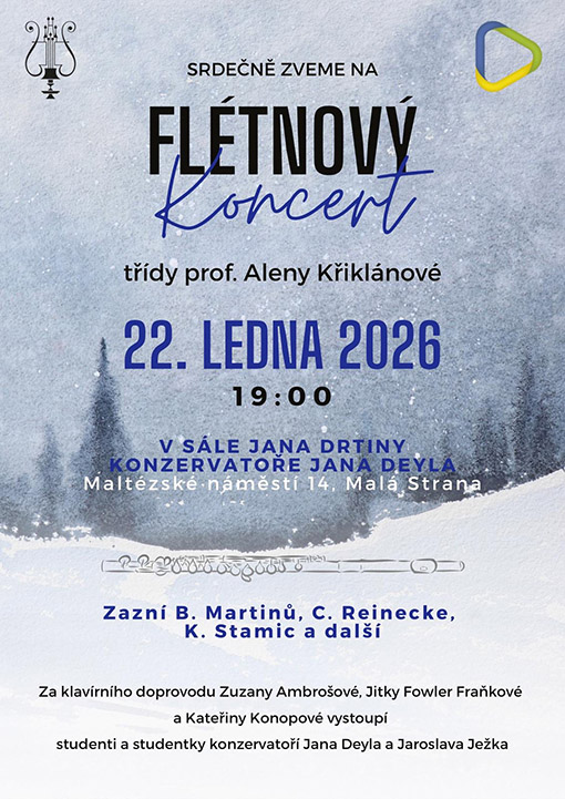 plakát – Flétnový koncert třídy prof. Aleny Křiklánové se koná 22. ledna 2026 v 19:00 v sále Jana Drtiny Konzervatoře Jana Deyla